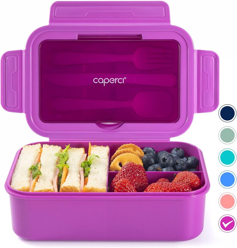 Caperci Classic Bento Lunch Box for Adult & Older Kids - Leakpoof 47 oz 3-Compartment Lunch Containers for Adults and Teens, Built-in Utensil Set, Ideal for On-the-Go, Purple - Image 1